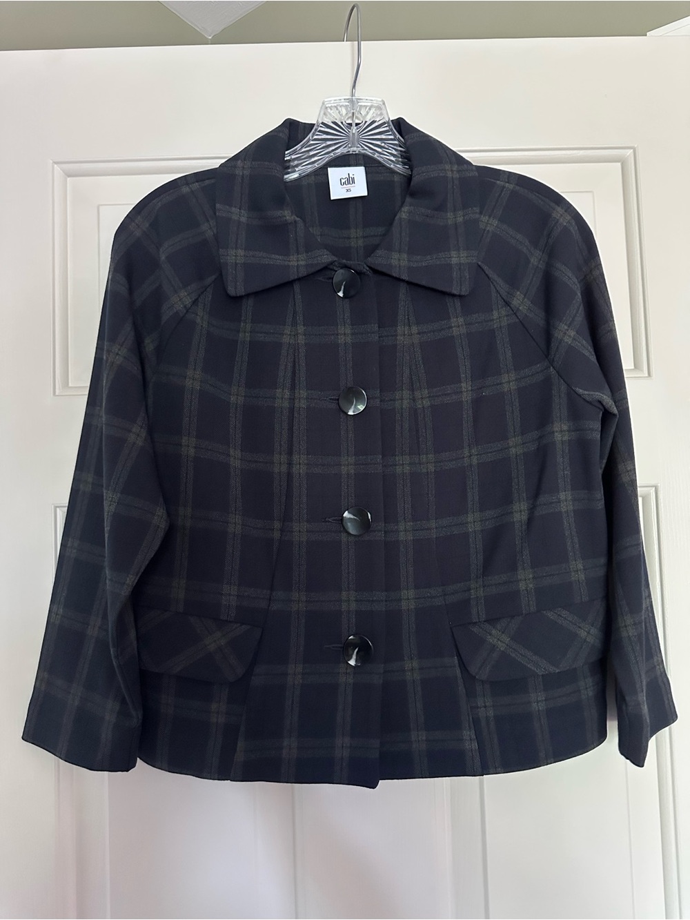 CAbi Blue and Gray Plaid Button Jacket